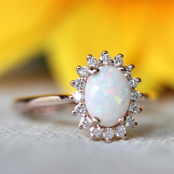 NEW 18K Rose Gold Diamond White Fire Opal Ring - Picture 5 of 5